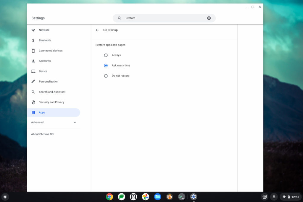 Chrome OS 92 restore settings