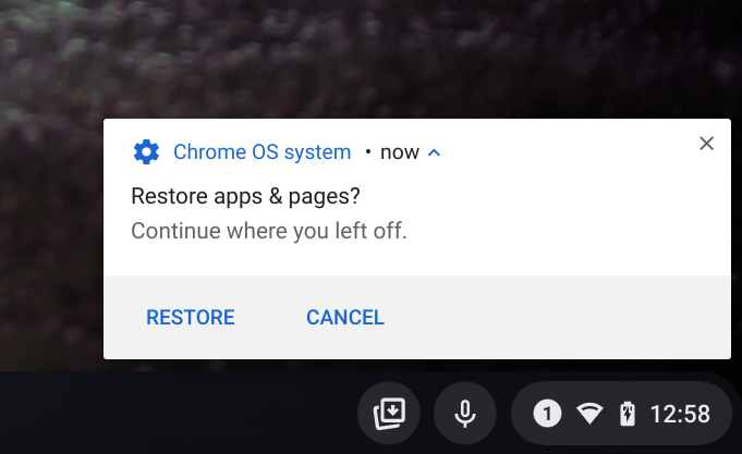 Chrome OS 94 Stable Channel full restore of apps on a Chromebook