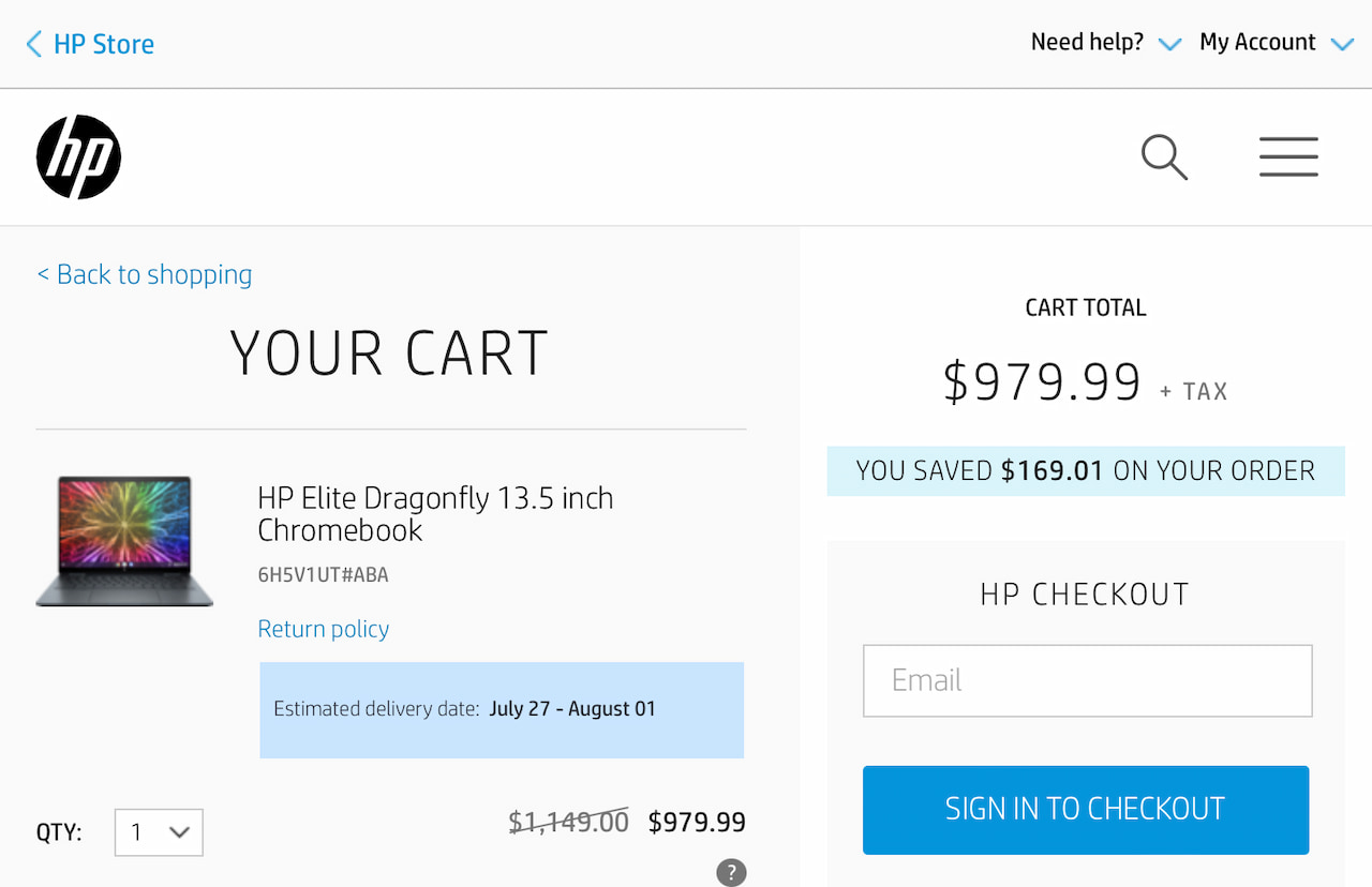 HP Elite Dragonfly Chromebook sale price on base model