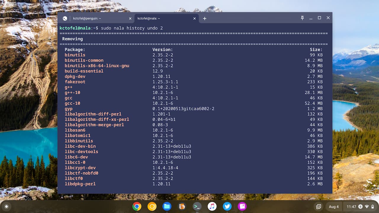 Nala history for Linux on a Chromebook